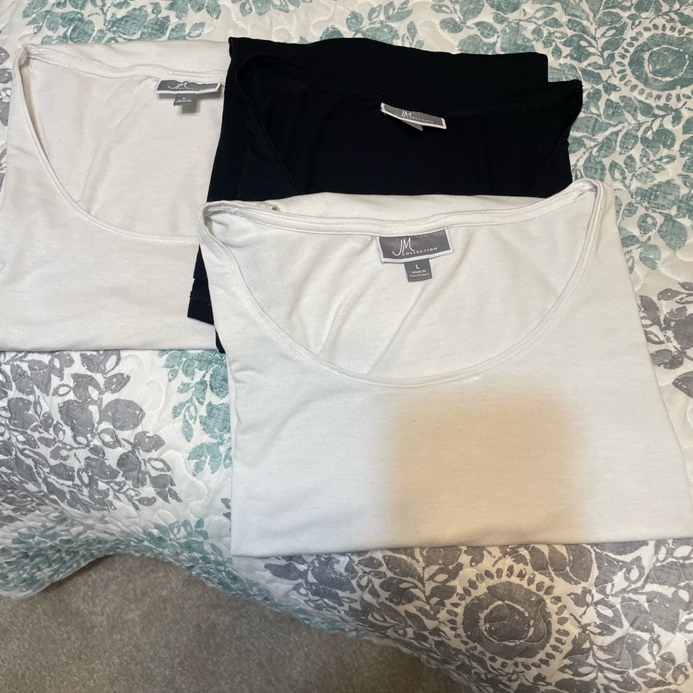 Set of three JM Collection sleeveless tops. Two white and one black.